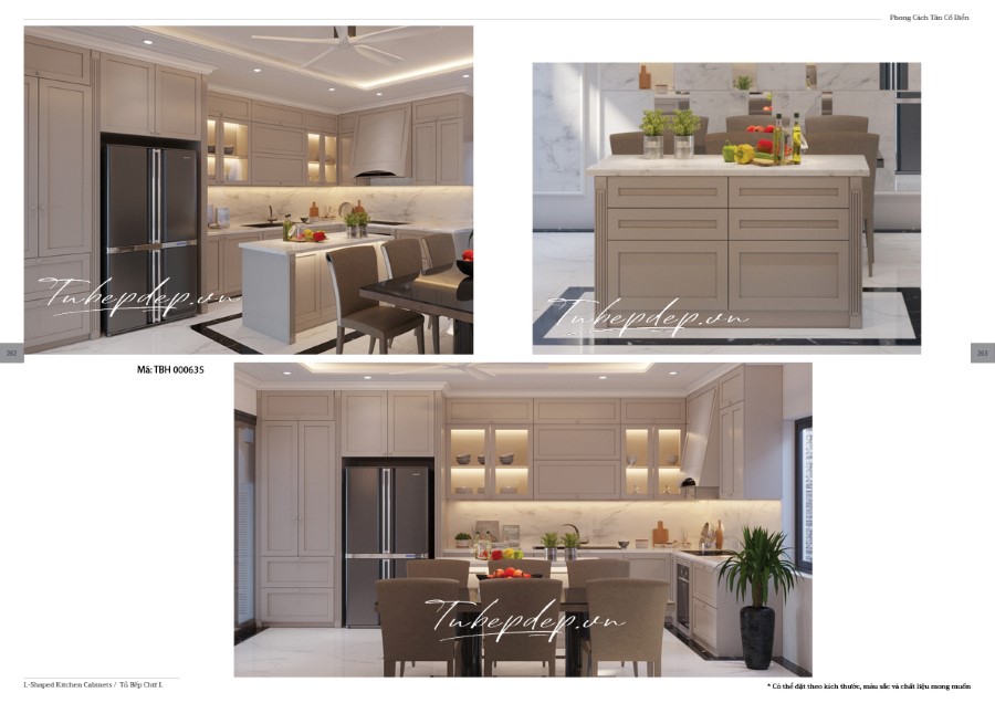 Thiết kế phòng bếp biệt thự tân cổ điển màu trắng